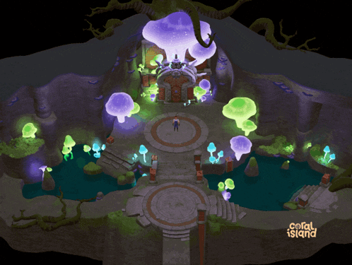 a video game called coral island shows a man standing in a circle surrounded by mushrooms