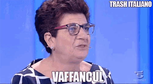 a woman wearing glasses and a black and white dress says vaffancul