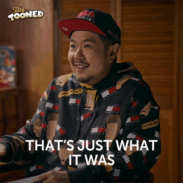 a man wearing a hat and a tommy hilfiger sweatshirt says " that 's just what it was "