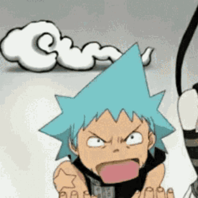 a cartoon character with a blue star on his head is making a face