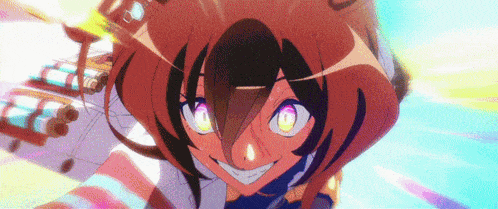 a cartoon character with purple eyes is smiling