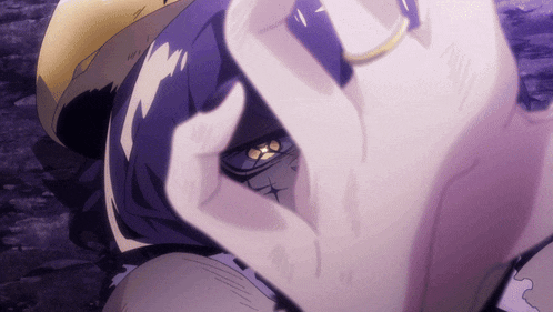 a close up of a person 's face with purple hair