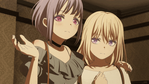two anime girls are standing next to each other and one has pink eyes