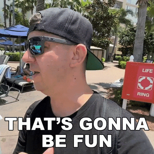 a man wearing sunglasses and a baseball cap says that 's gonna be fun
