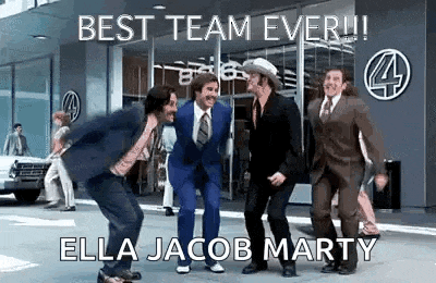 a group of men in suits and ties are dancing on the sidewalk in front of a building .
