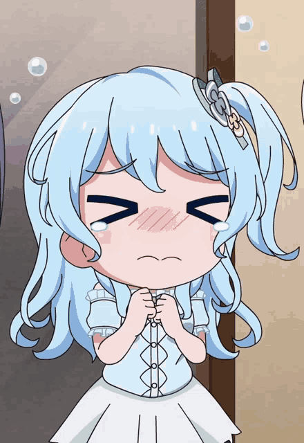 a cartoon girl with blue hair and a flower in her hair is crying