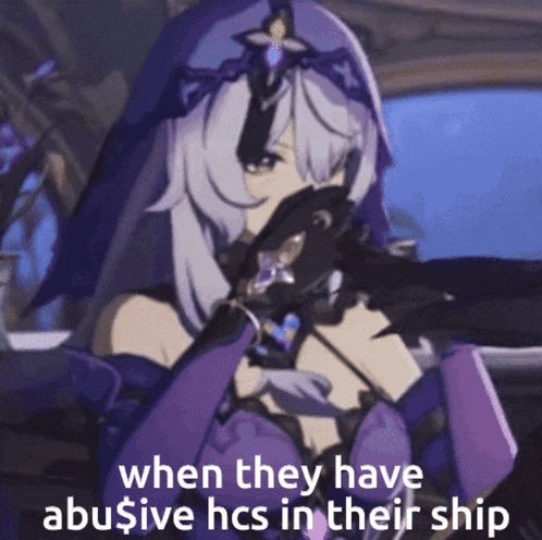 a girl in a purple dress with the words " when they have abusive hcs in their ship "