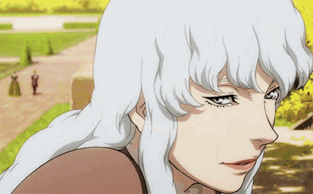 a cartoon character with white hair and blue eyes smiles for the camera