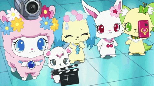 a group of cartoon characters are standing around a clapper board and a camera