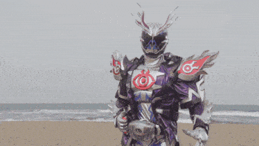 a person in a purple armor with a purple eye in the middle