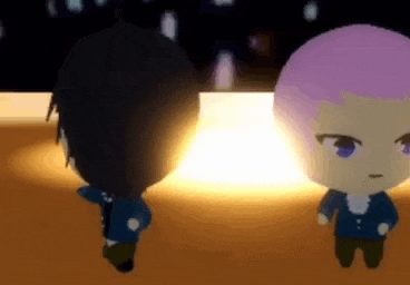 a couple of anime characters are standing next to each other in a room .
