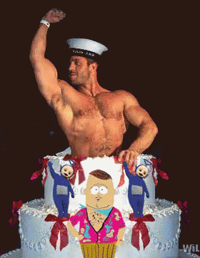 a man in a sailor hat is flexing his muscles on top of a cake with teletubbies on it