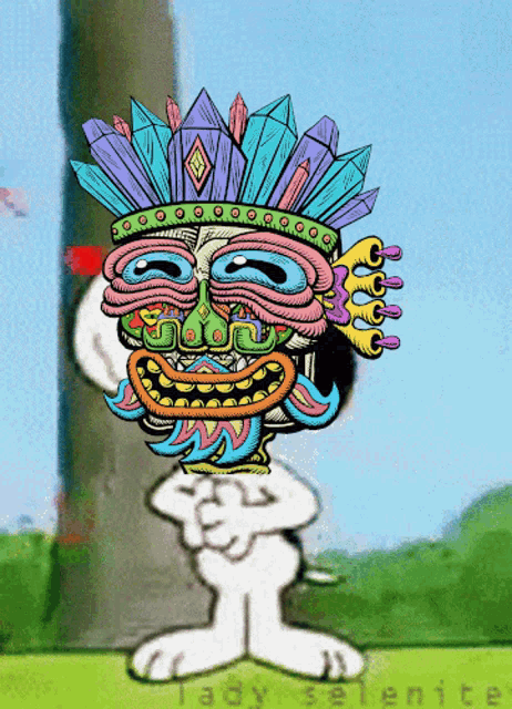 a cartoon drawing of snoopy wearing a colorful tiki headpiece