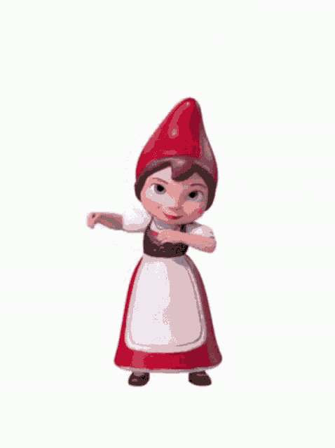 a cartoon gnome is wearing a red hat and a red dress and is dancing .