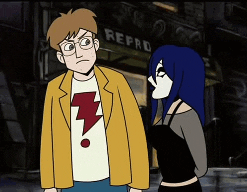 a man with a lightning bolt on his shirt is standing next to a woman