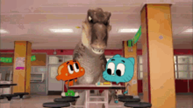 gumball and darwin standing next to a t-rex in a cafeteria