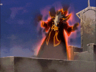 a cartoon character with a crown on his head is surrounded by red smoke