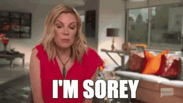 a woman in a red shirt says i 'm sorey in a living room