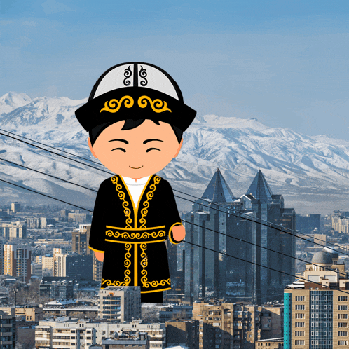 a cartoon drawing of a man in a black and gold outfit with mountains in the background
