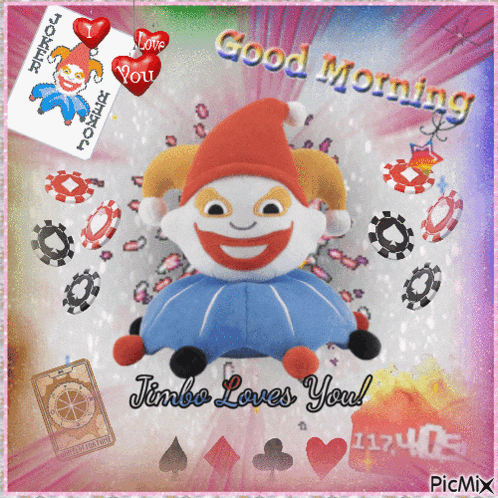 a picture of a stuffed clown that says good morning