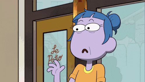 a cartoon character is standing in front of a store that says le patio