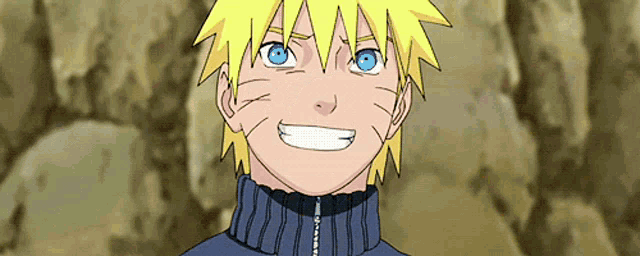 a boy with yellow hair and blue eyes is smiling