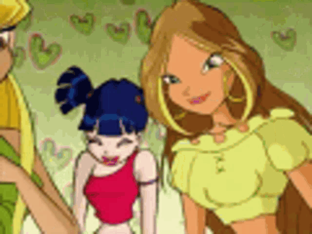 a group of cartoon girls are standing next to each other and smiling .
