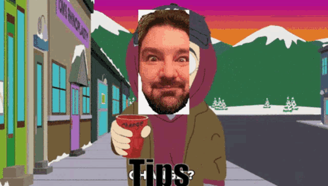 a cartoon of a man holding a cup with the words tips written on it