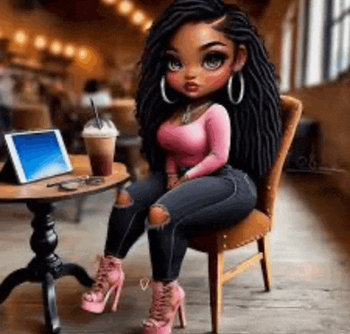a cartoon girl is sitting in a chair next to a table with a cup of coffee .