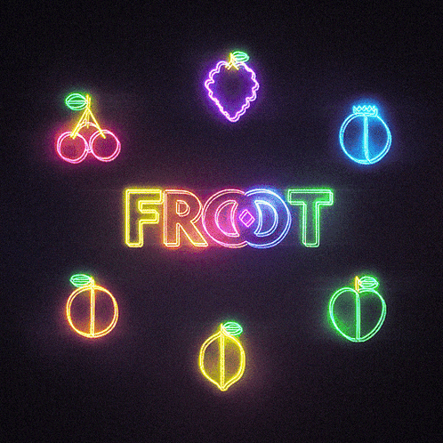the word froot is surrounded by colorful neon fruit icons