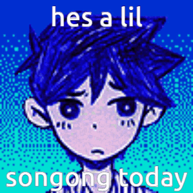 a pixel art of a boy with blue hair and the words hes a lil songong today