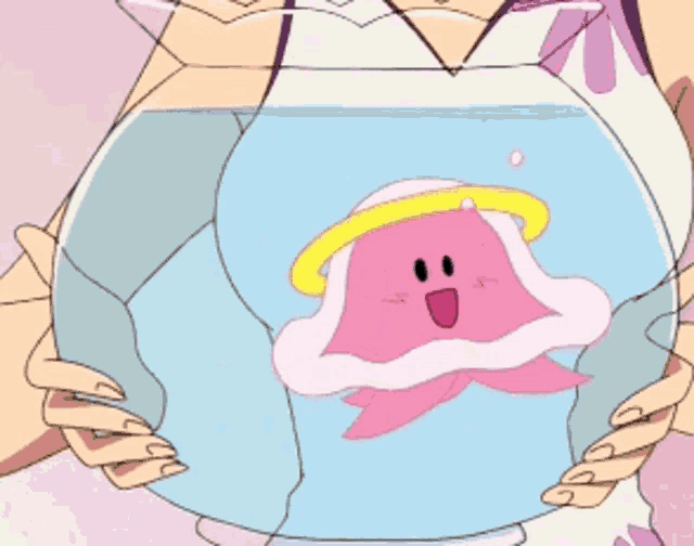 a woman is holding a fish bowl with a pink jellyfish inside