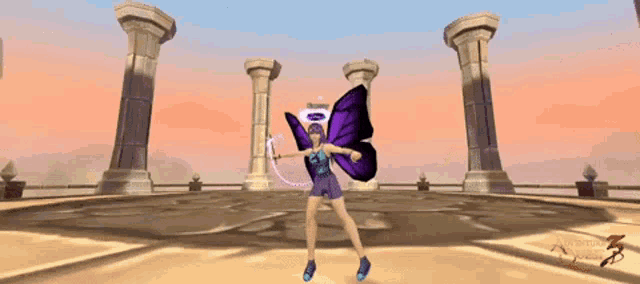 a girl with a purple butterfly wings is standing in front of some columns