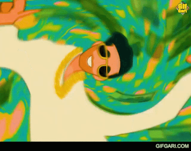 a cartoon of a man wearing sunglasses and a green scarf is dancing .