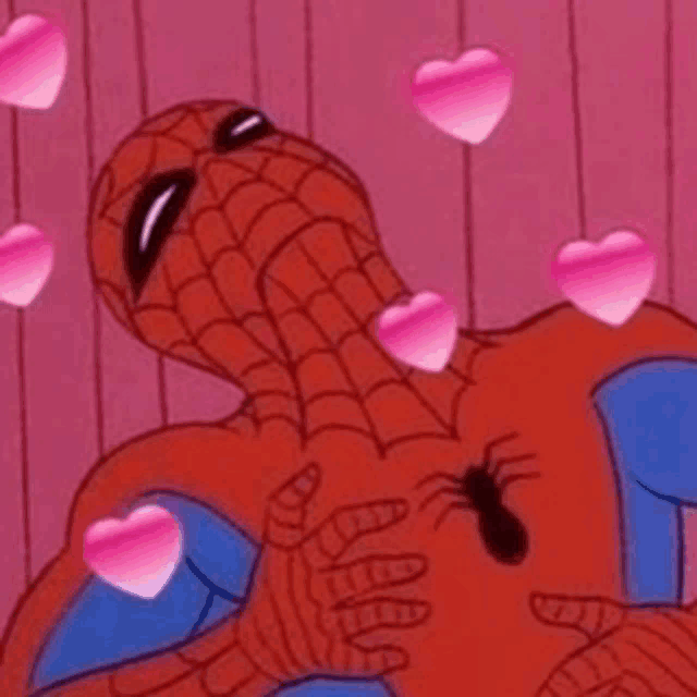 a cartoon of spider-man with hearts surrounding him .