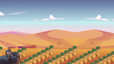 a cartoon of a man riding on the back of a pig surrounded by camels wearing green helmets
