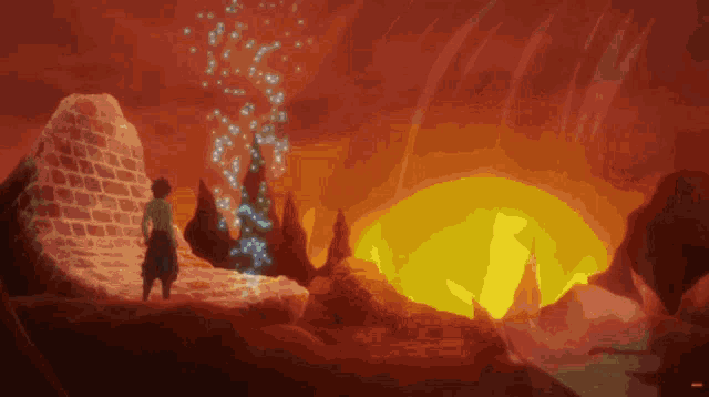 a cartoon drawing of a person standing in front of a fire