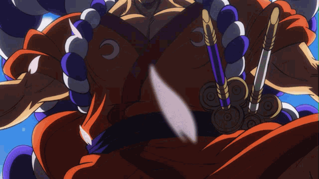 a man in a kimono is holding a pair of swords with purple and white beads around his neck