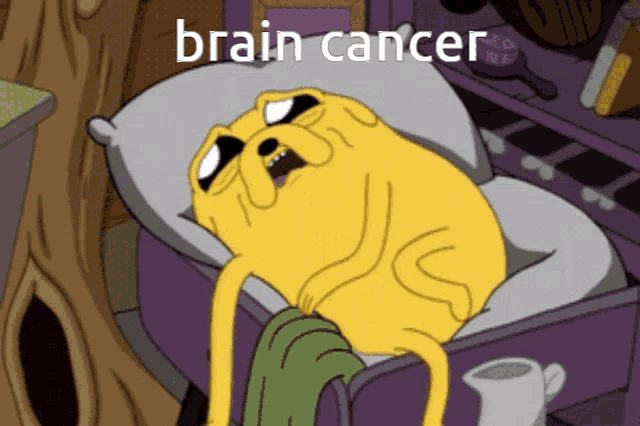 a cartoon character is laying in a bed with the words brain cancer written on the bottom