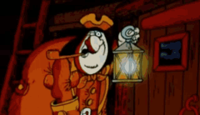 a cartoon of a pirate holding a lantern with the letter e on his chest