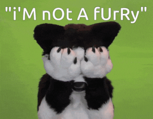 a black and white furry animal covering its eyes with its paws and the words " i 'm not a furry " behind it