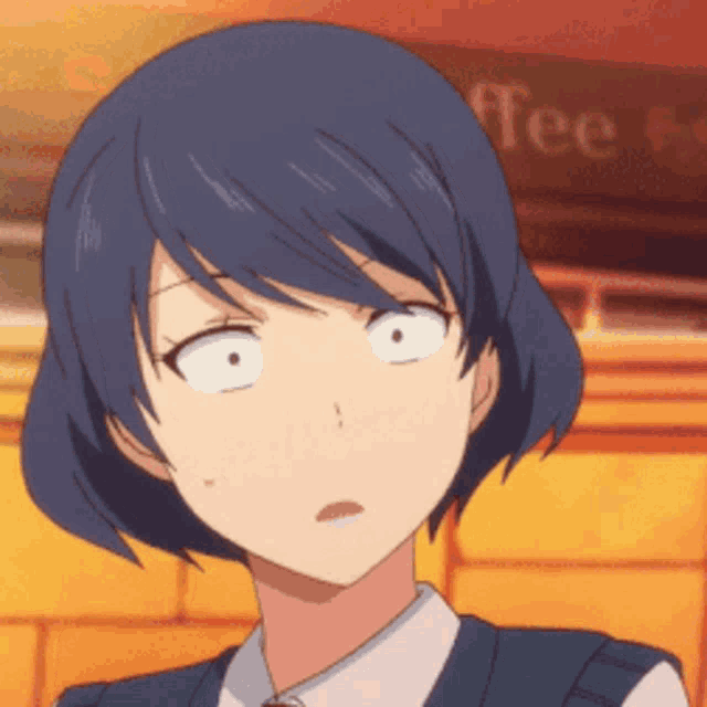 a girl with blue hair is making a surprised face in front of a coffee sign