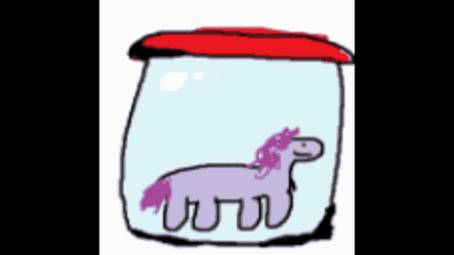 a cartoon drawing of a purple pony in a jar