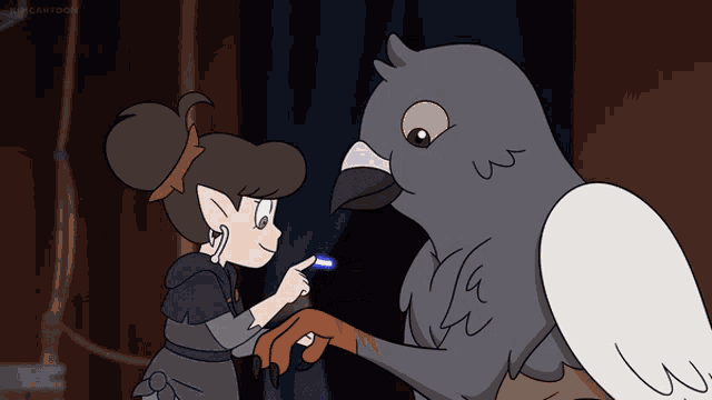 a cartoon of a girl pointing at a pigeon with the word cartoon on the bottom left