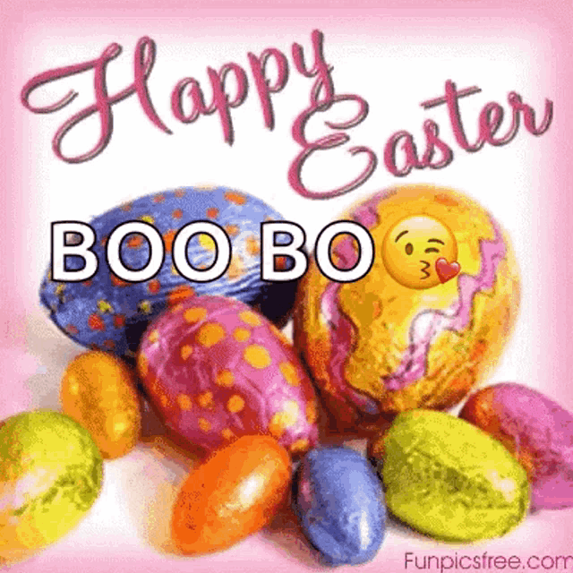 a bunch of colorful easter eggs with the words happy easter boo boo written on them