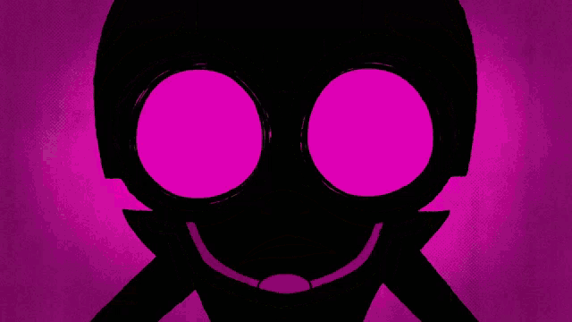 a cartoon character wearing a helmet and goggles with pink lenses