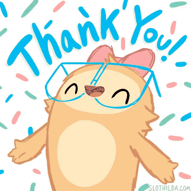 a sloth wearing glasses says thank you