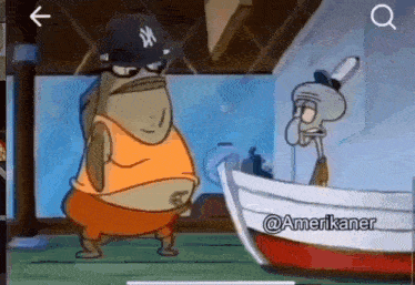 spongebob and squidward are standing next to a boat in a cartoon .