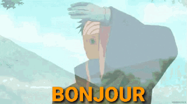 a cartoon of a man covering his face with his hand and the word bonjour in orange