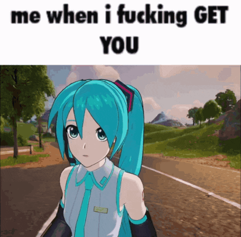 a picture of hatsune miku with the words me when i fucking get you